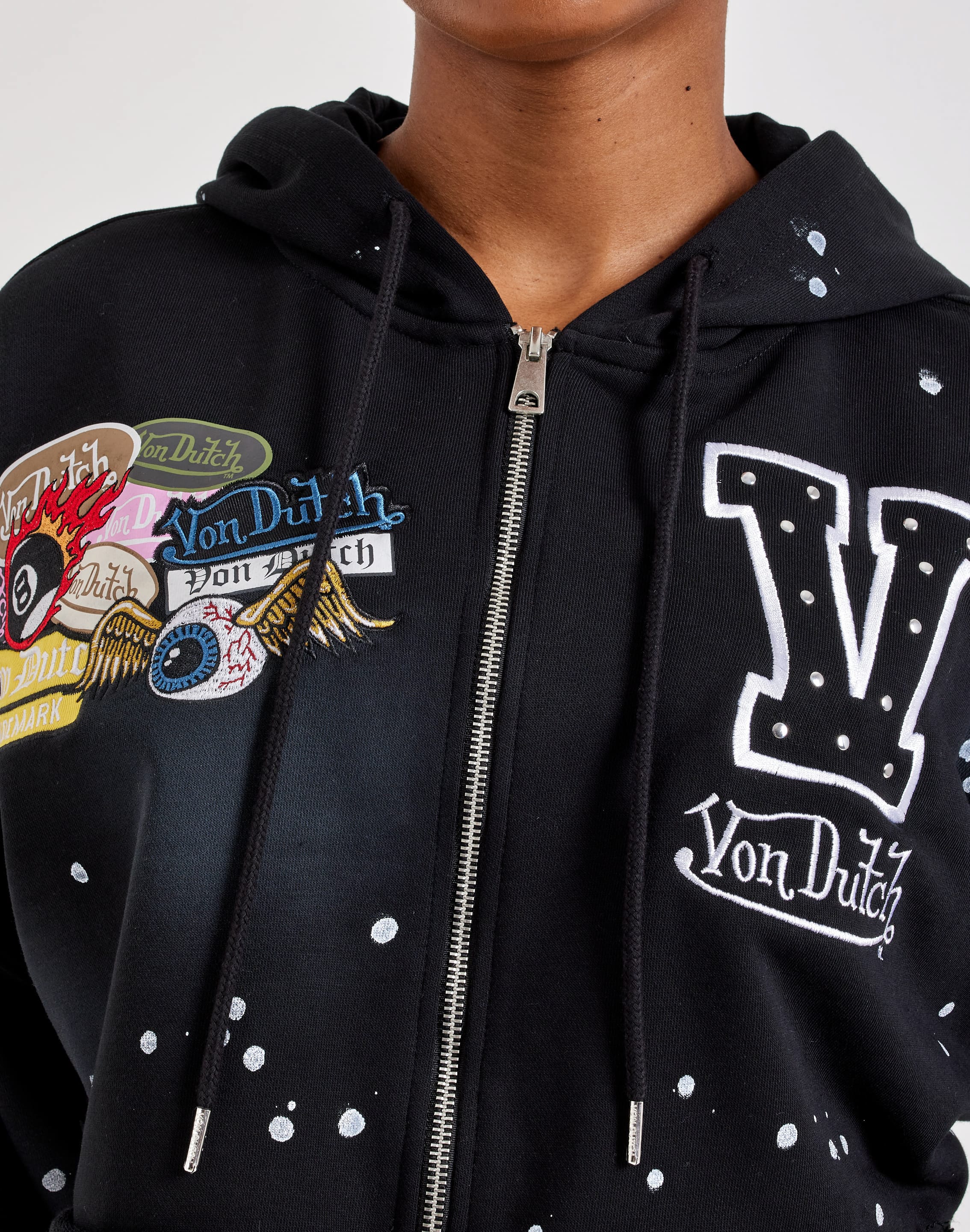 Photo of Von Dutch Paint Splatter Patch Cropped Full-Zip Fleece Hoodie