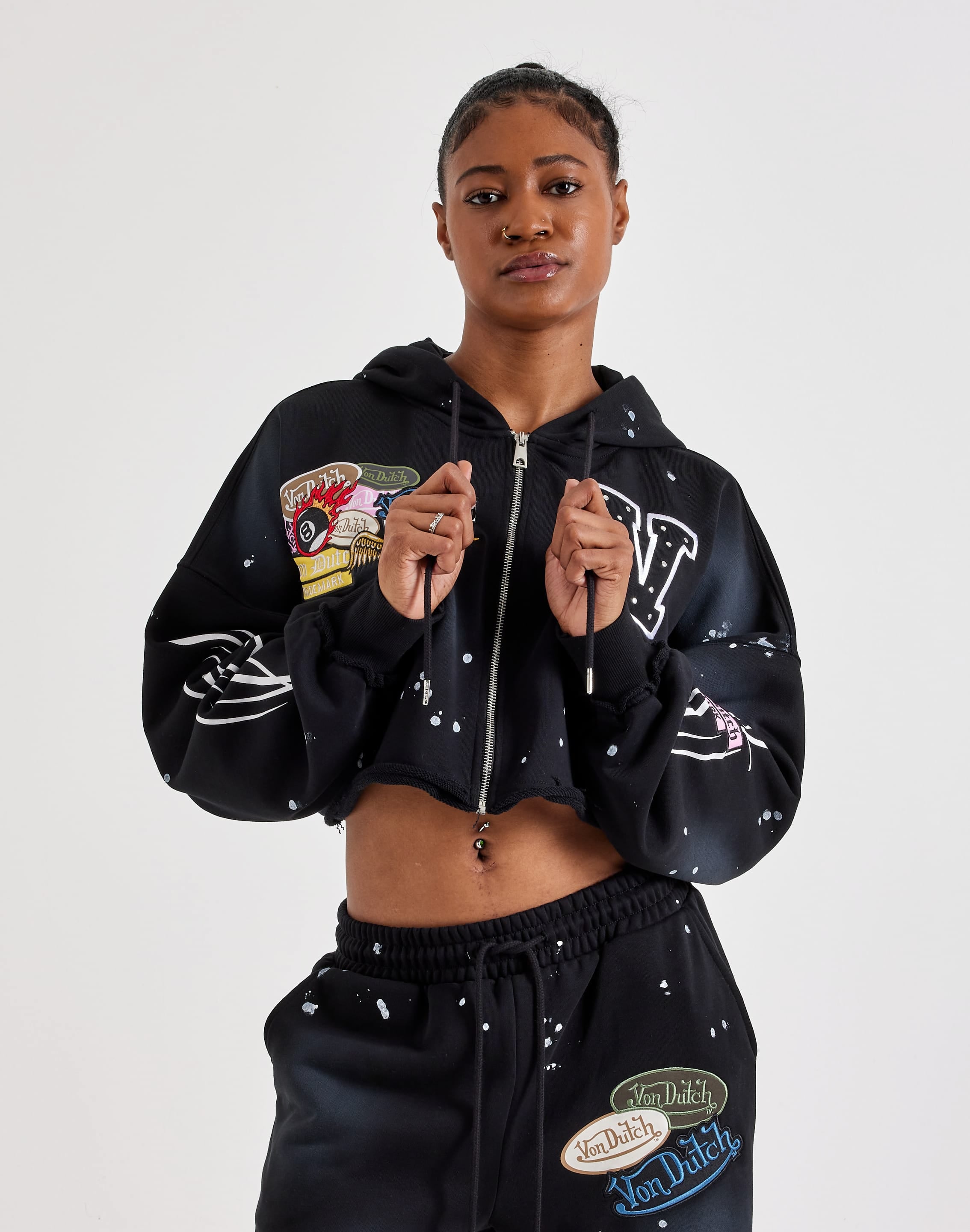 Photo of Von Dutch Paint Splatter Patch Cropped Full-Zip Fleece Hoodie