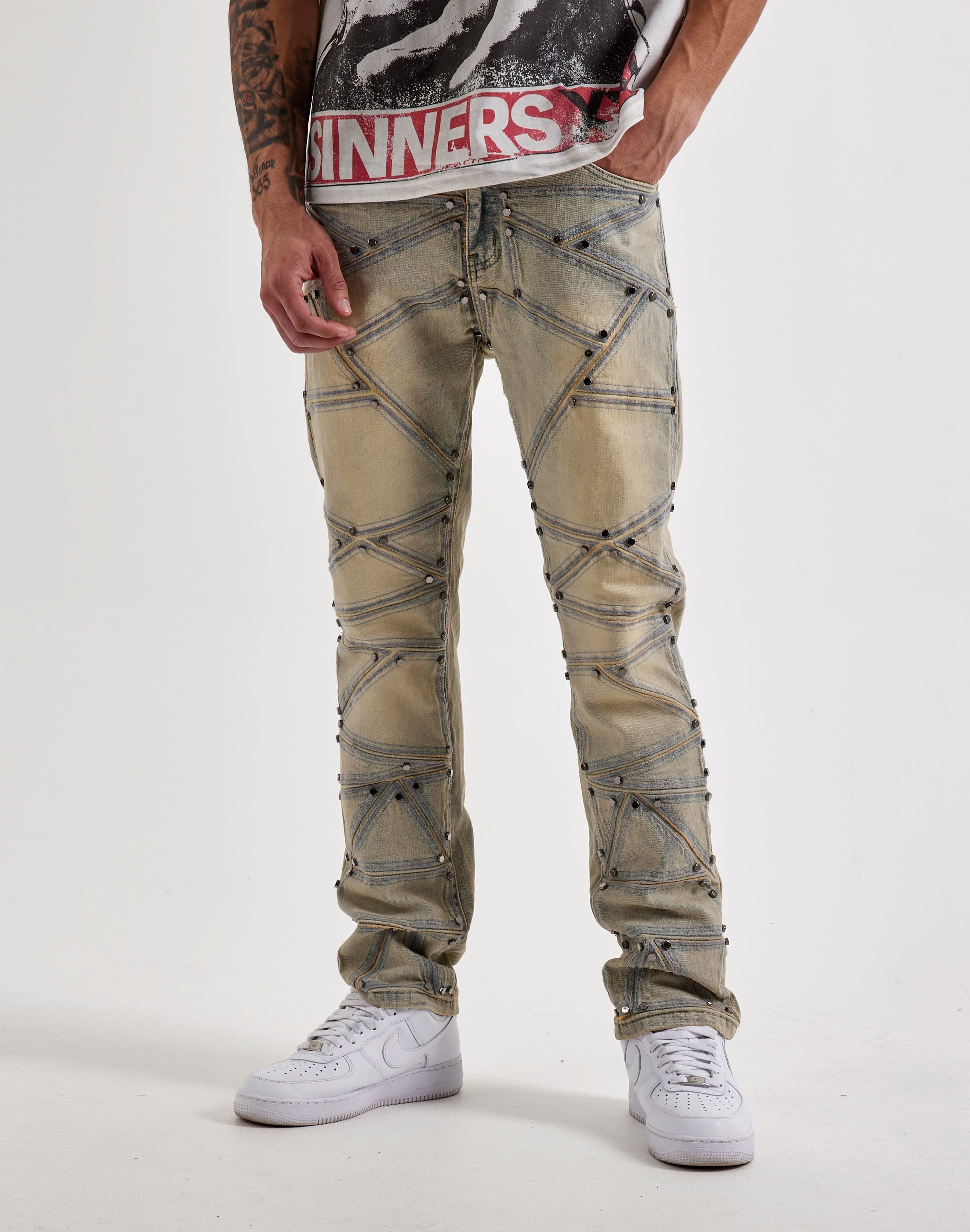 Photo of WAIMEA  Geometric Stitch Studded Denim Jeans