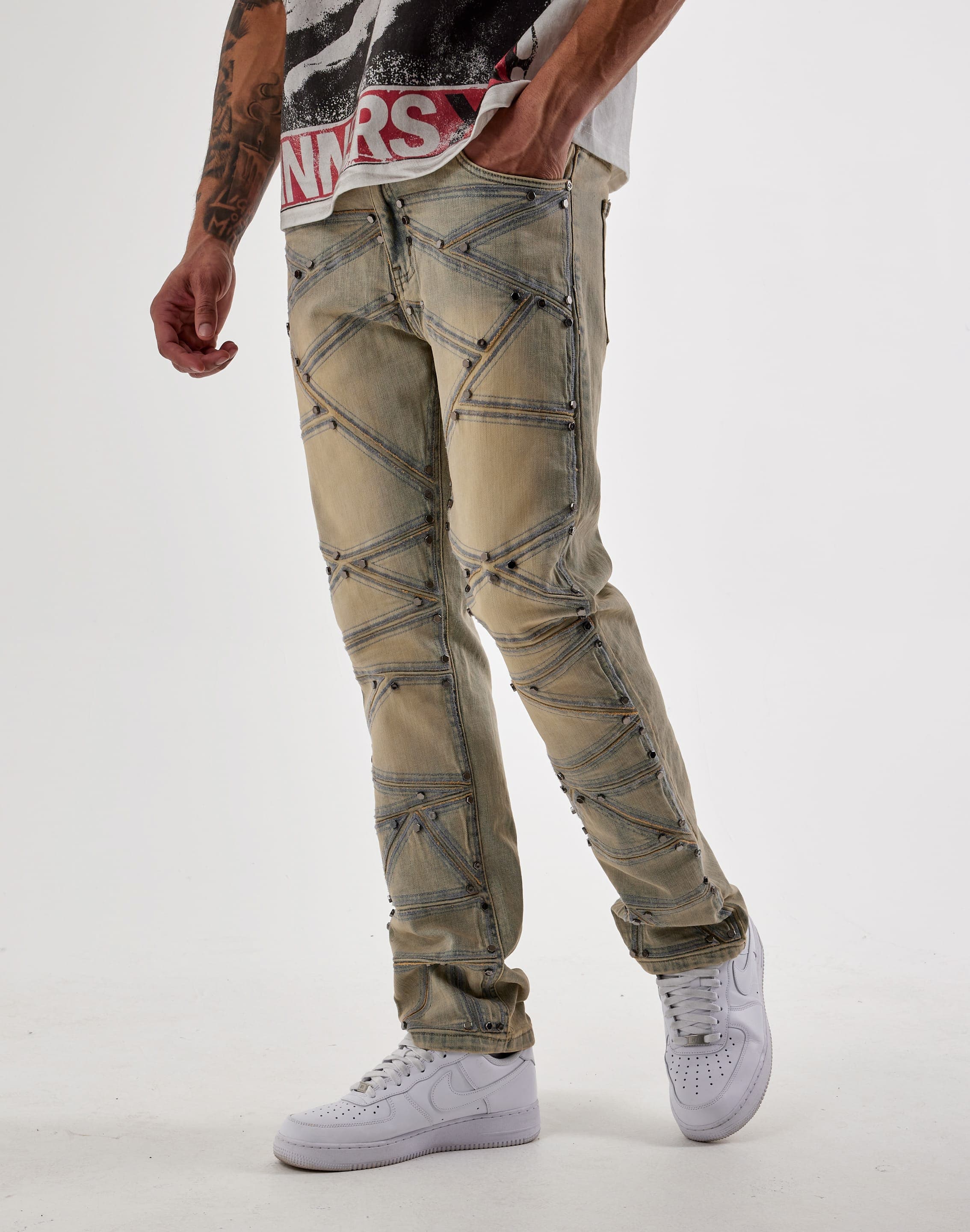 Photo of WAIMEA  Geometric Stitch Studded Denim Jeans