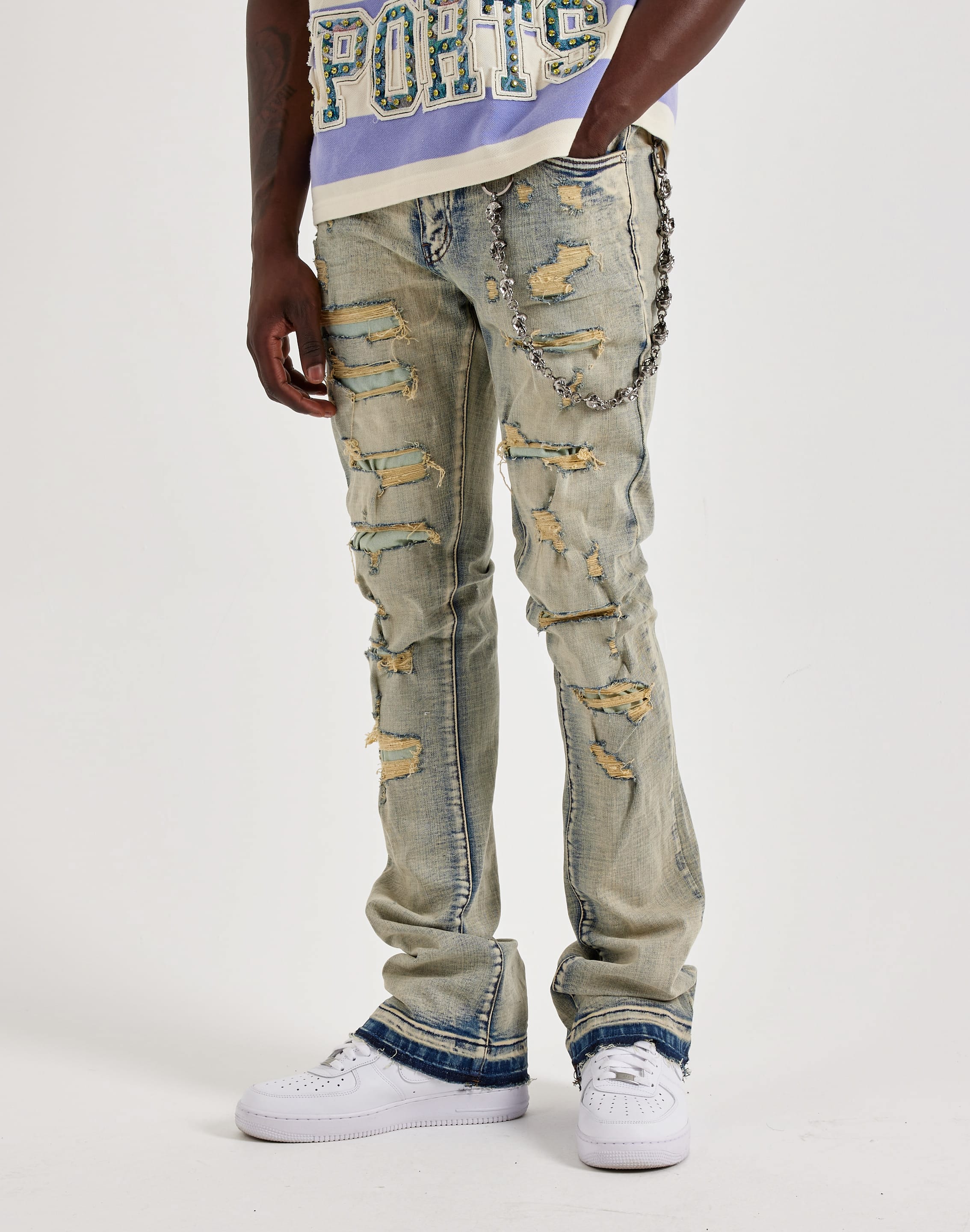 Photo of WAIMEA Stacked Distressed Skull Chain Denim Jeans