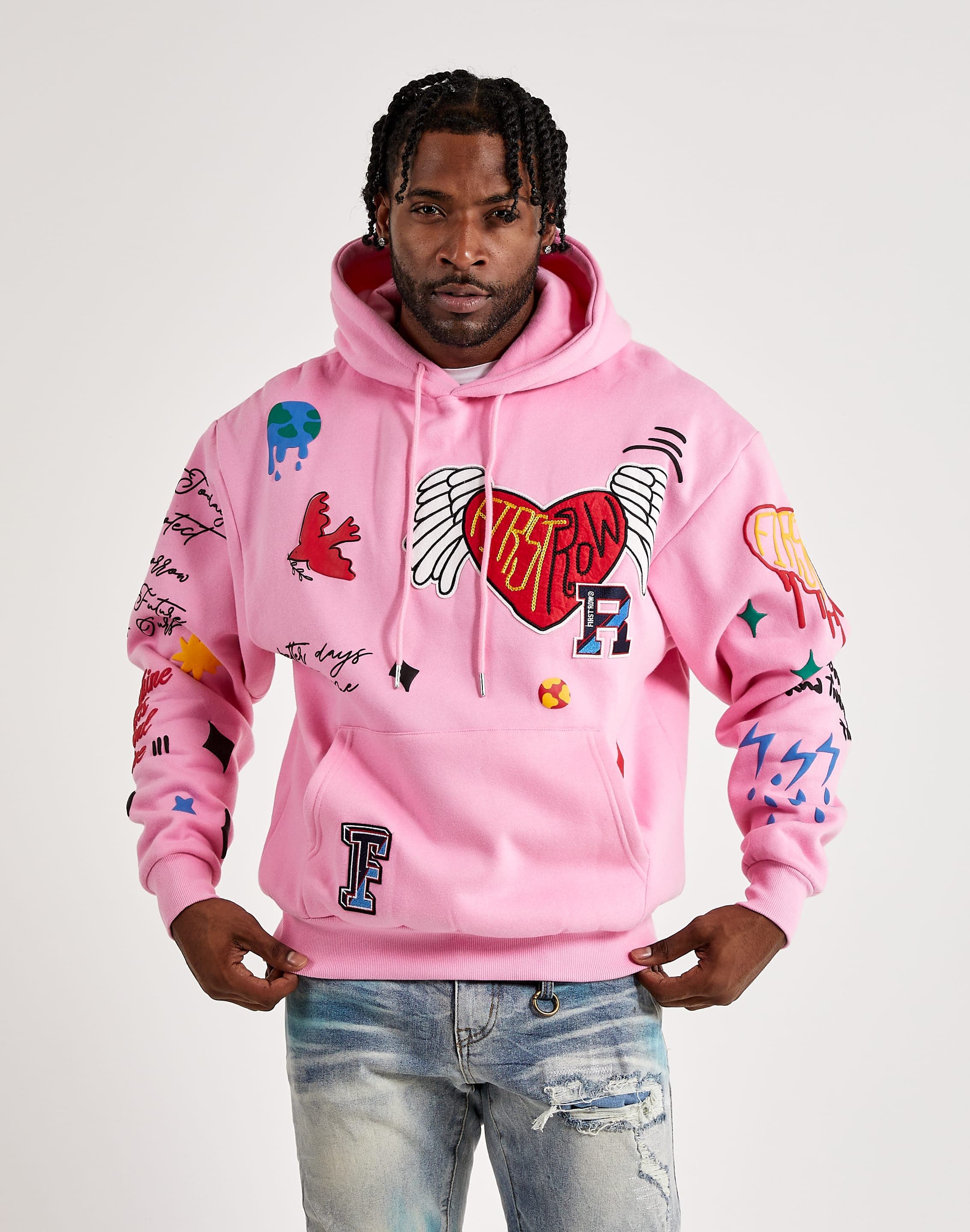 Pink Hoodie With Hearts First Row Flying Heart Fleece Hoodie