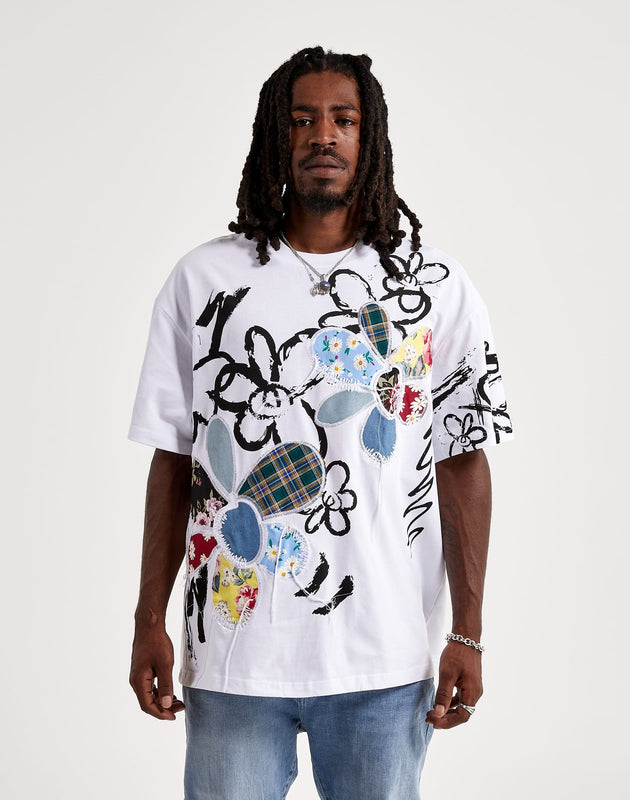 First Row Flower & Check Fabric Patchwork Tee – DTLR