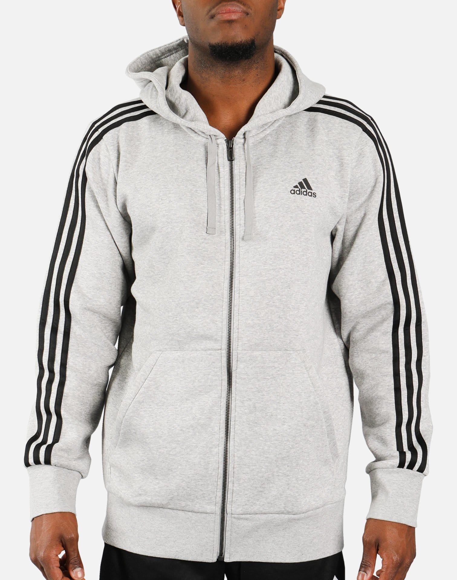 adidas Essential 3-Stripes Fleece Hoodie (Light Grey/Black)