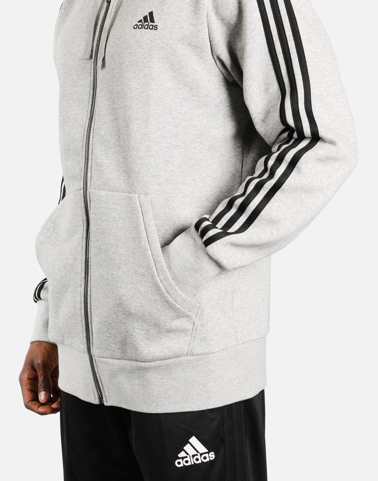 adidas Essential 3-Stripes Fleece Hoodie (Light Grey/Black)