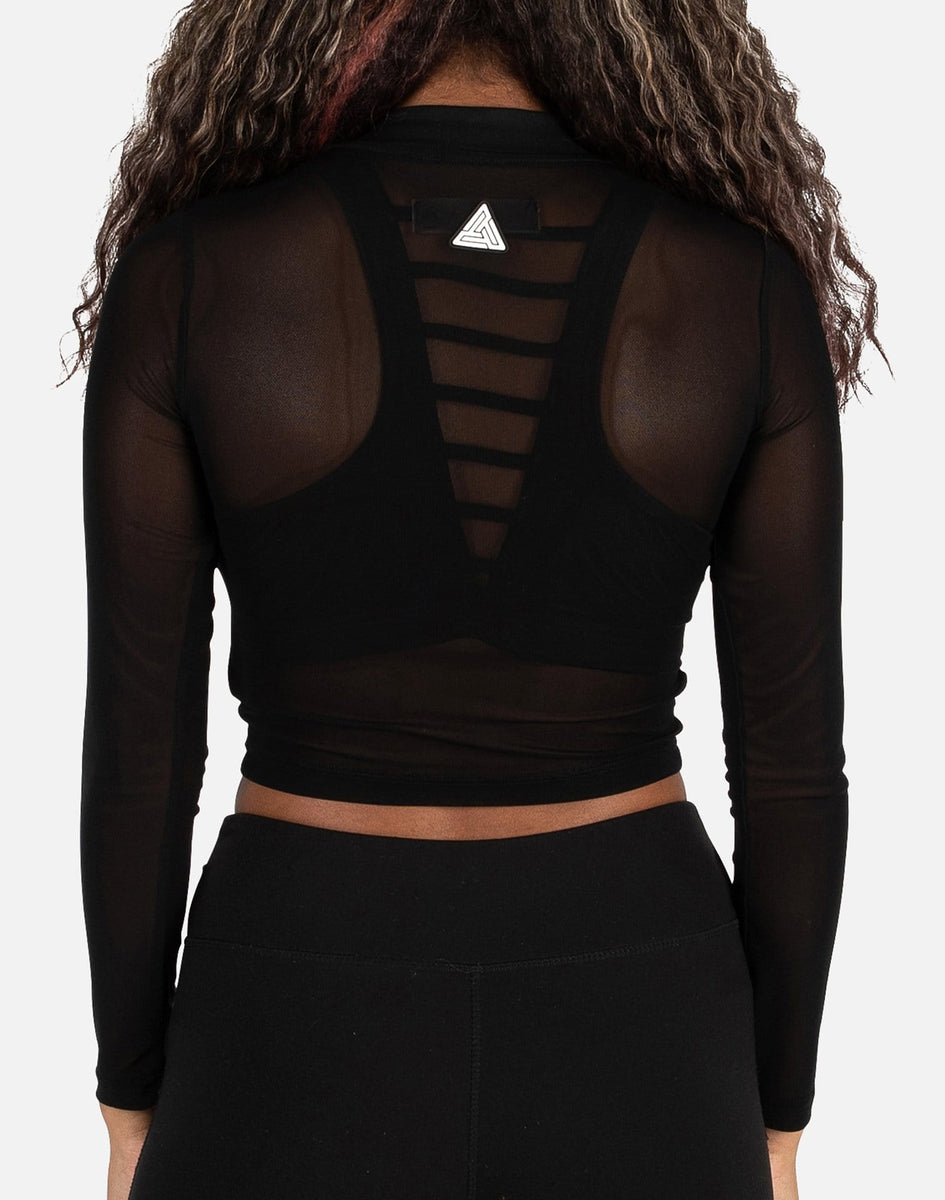 Pyramidal Tops Black Pyramid SPLIT TEXT MESH LONG-SLEEVE CROP TOP – DTLR