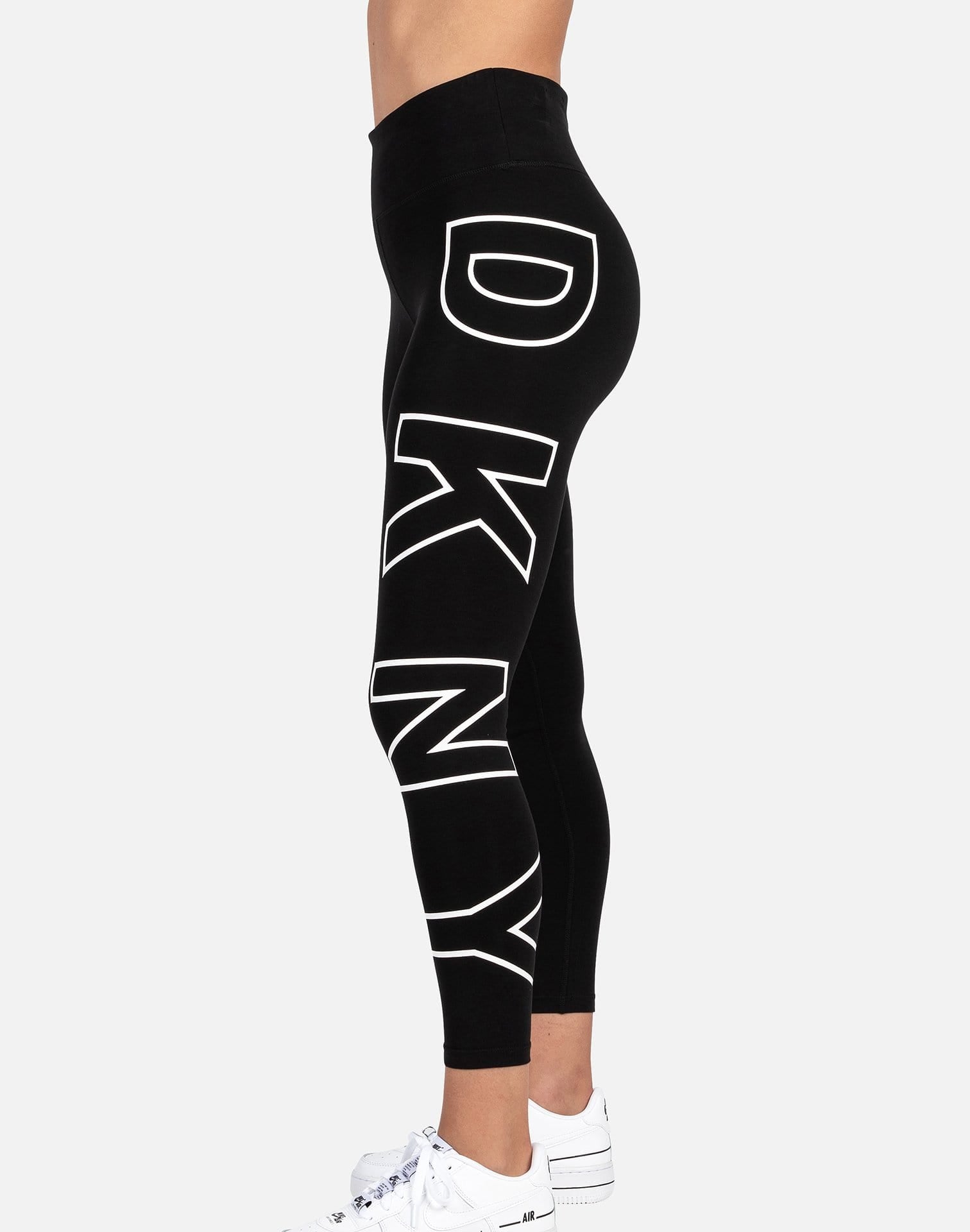 DKNY Sport Leggings Calf Logo and Stripe, Size Medium Color Black EUC