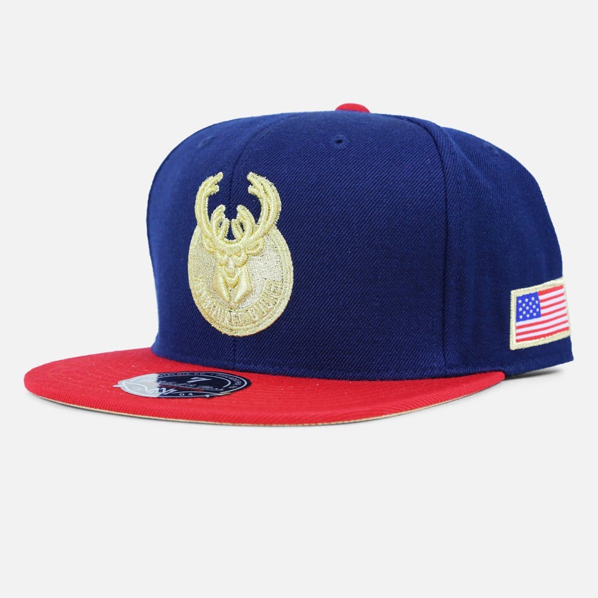 Mitchell & Ness Milwaukee Bucks USA 2 Tone Fitted Hat (Navy/Red-Gold)