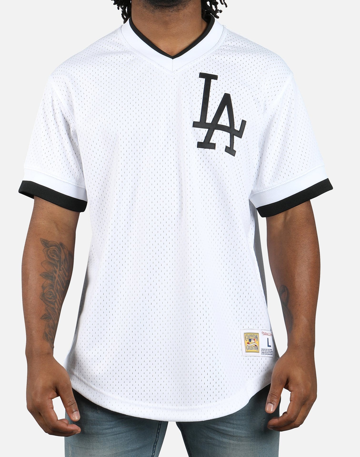 Los Angeles Dodgers Mitchell & Ness Cooperstown Collection Mesh Wordmark  V-Neck Jersey - Gray
