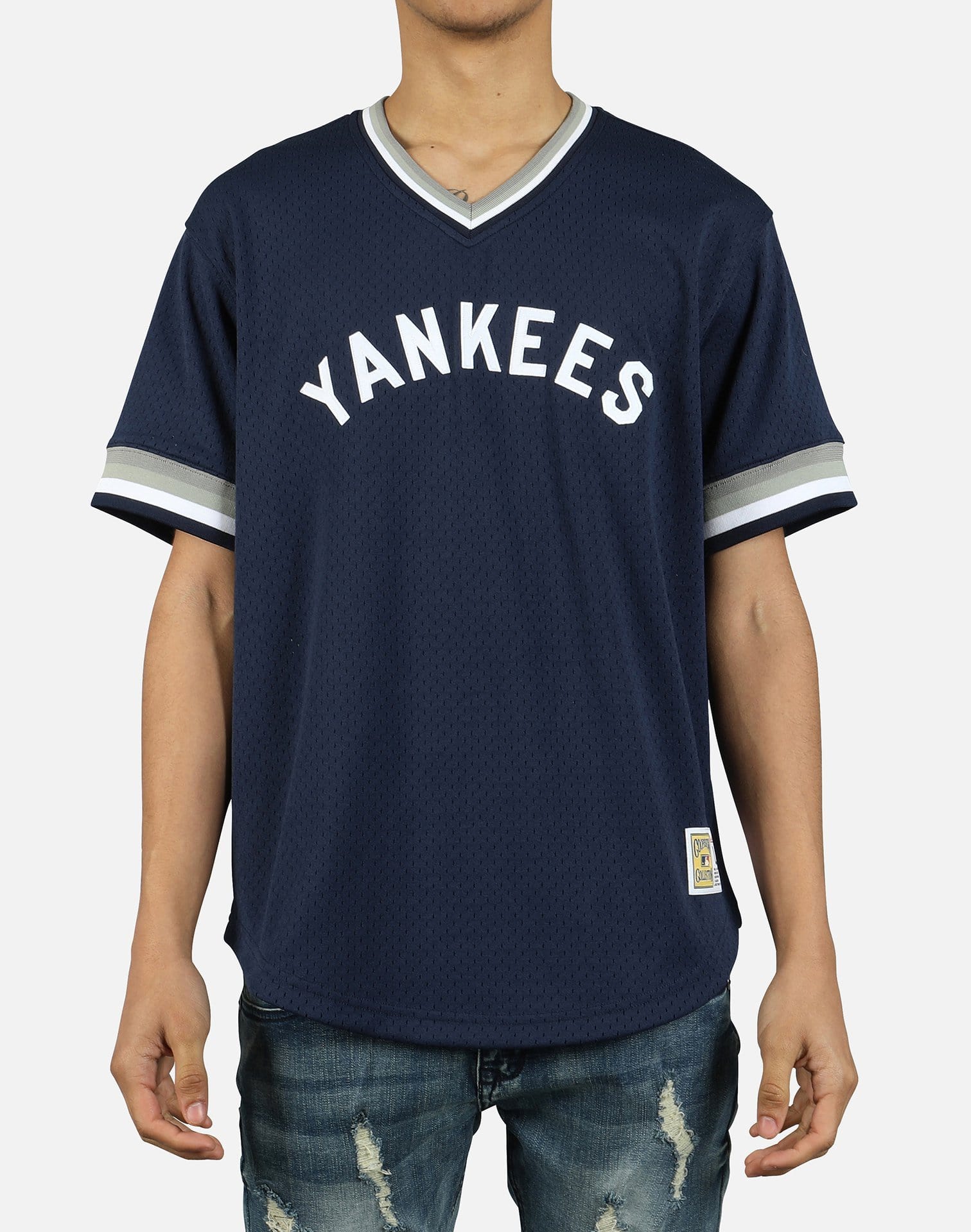 Men's Mitchell & Ness New York Yankees Sideline Pullover Navy Satin V-Neck  Jacket