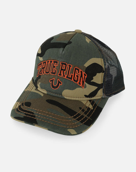 True Religion Orange Black Teal Camo Embellished Trucker Hat CONCERT PATCH CAMO TRUCKER HAT main image 3