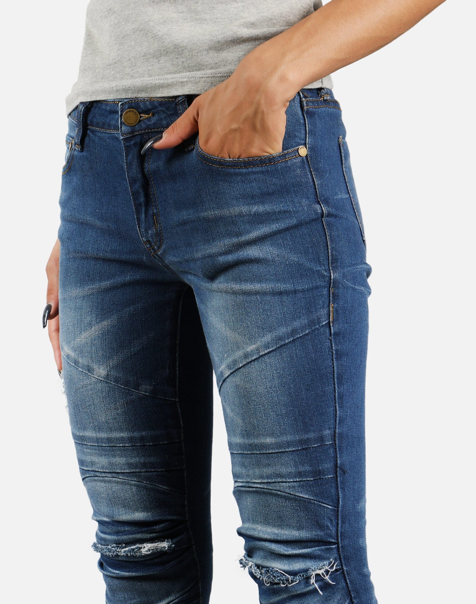 Soho Babe Pleated Knee Moto Jeans (Dark Blue)