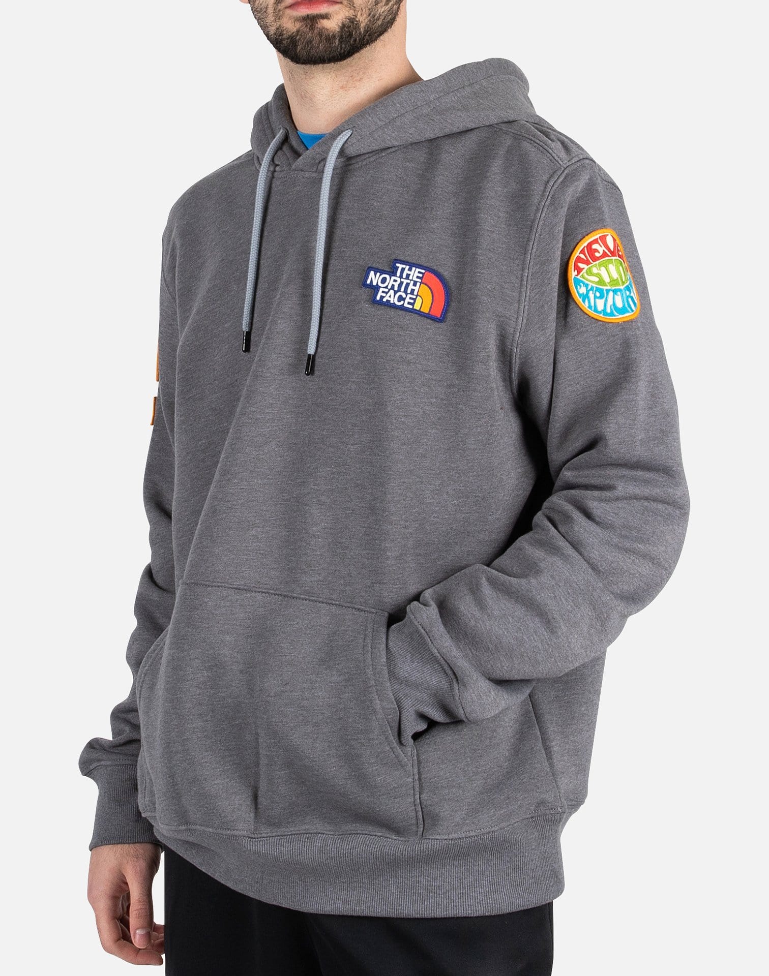 The north face novelty patch mens slate blue hoodie Clearance